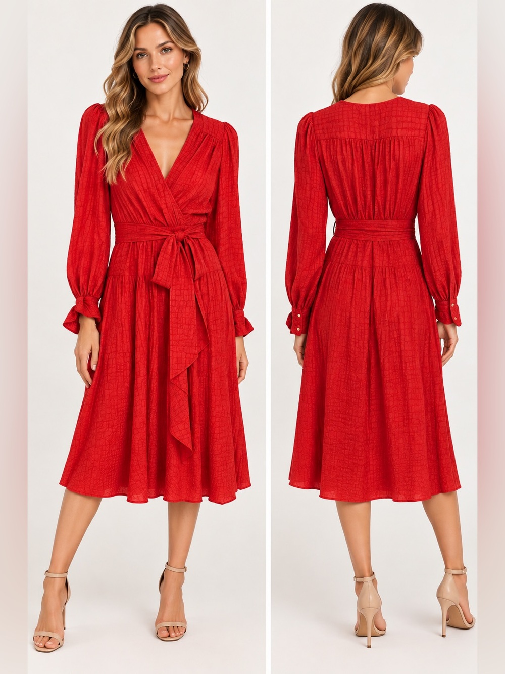 Milly of New York 100% Silk Red Textured Wrap Midi Dress Size 4